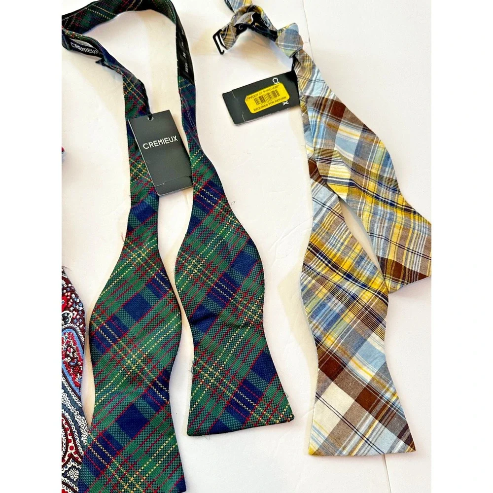 Cremieux Bow Tie Plaid Paisley Red Blue Green Brown 100% Silk Cotton Set 4 NEW
